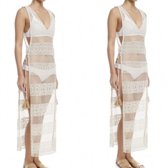 Pilyq Long Lace Cover Up With Lace Up Sides White Gold Tassels M/L - Picture 1 of 6